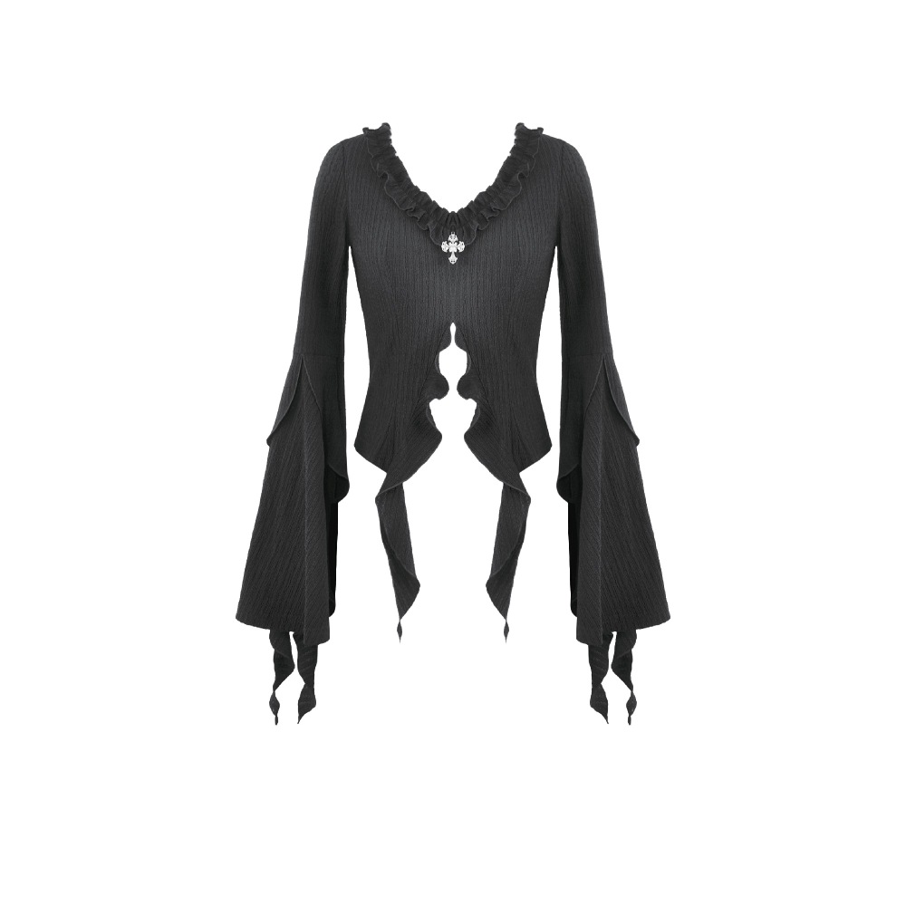 Dark in Love - Gothic Cross Decor Irregular Split Ruffled BellSleeve Knit Longsleeve top - Black